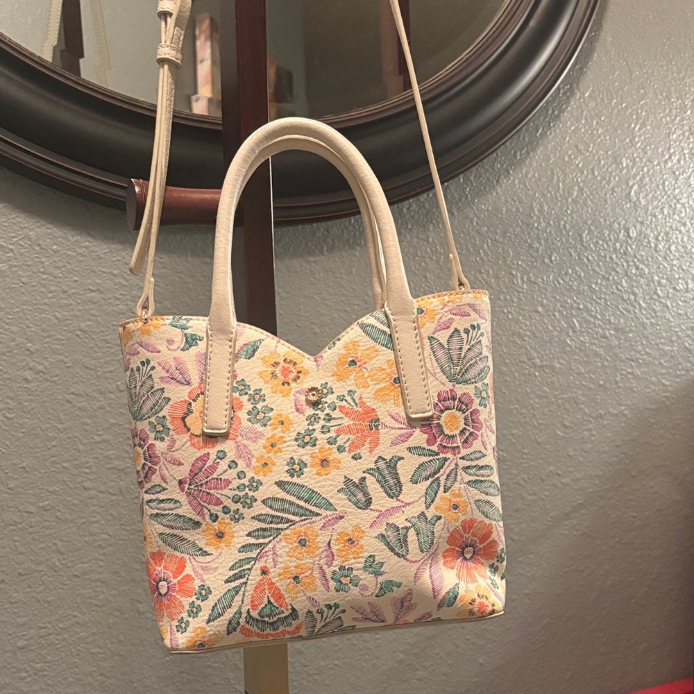 LC Lauren Conrad Cream Mini Tote with Multicolor Floral Embroidery
